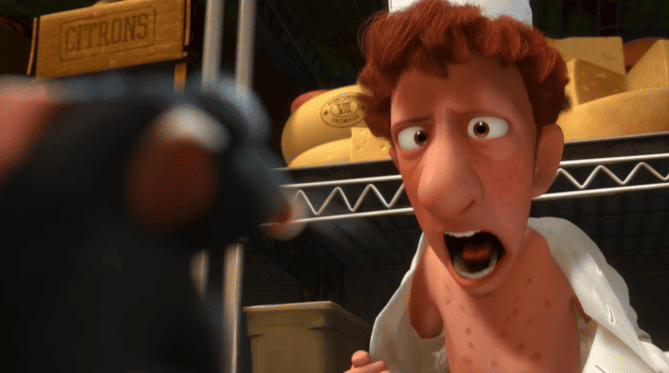 Ratatouille: a história de Remy — Quem acidentalmente estraga a sopa na cozinha do restaurante enquanto tentava limpar?